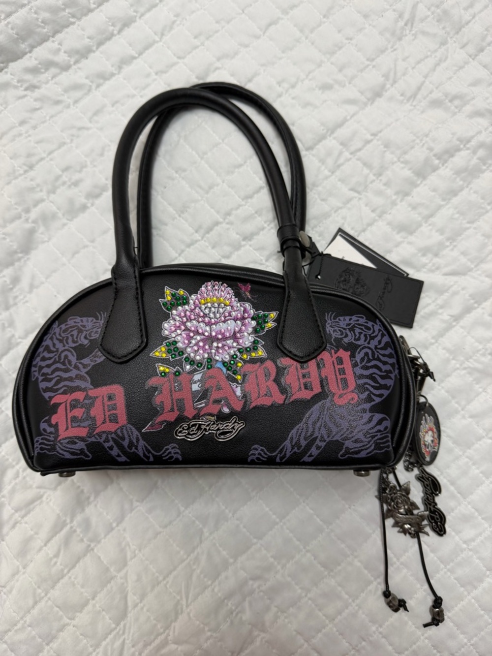 Ed Hardy Black Rhinestone Rose Tote Bag New With Tags